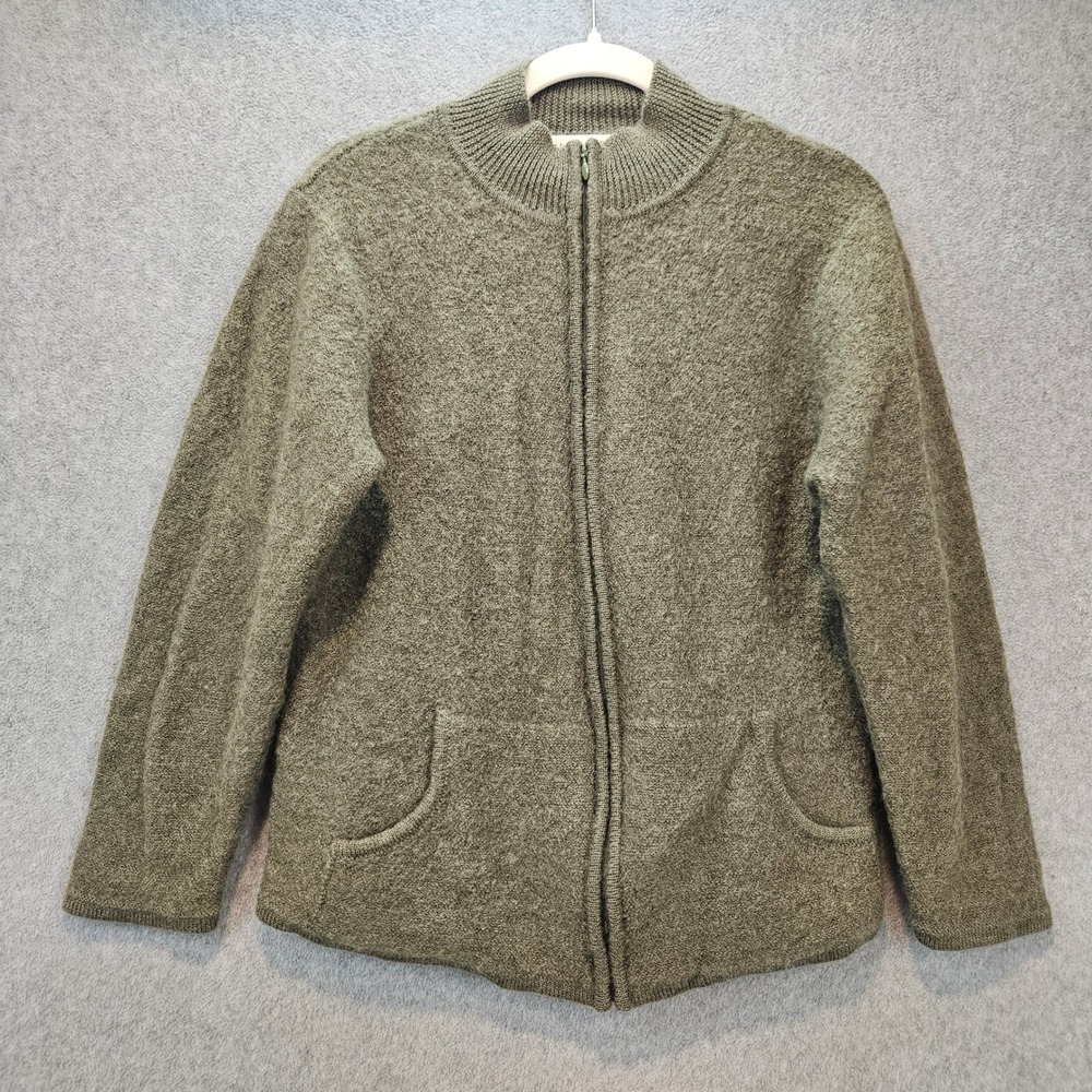 APPLESEED'S Full Zip Cardigan Women PXL Green Wool Knit Mock Neck Pockets Cozy